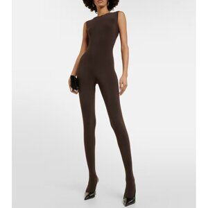 Norma Kamali Jersey Catsuit with Footsie in Chocolate